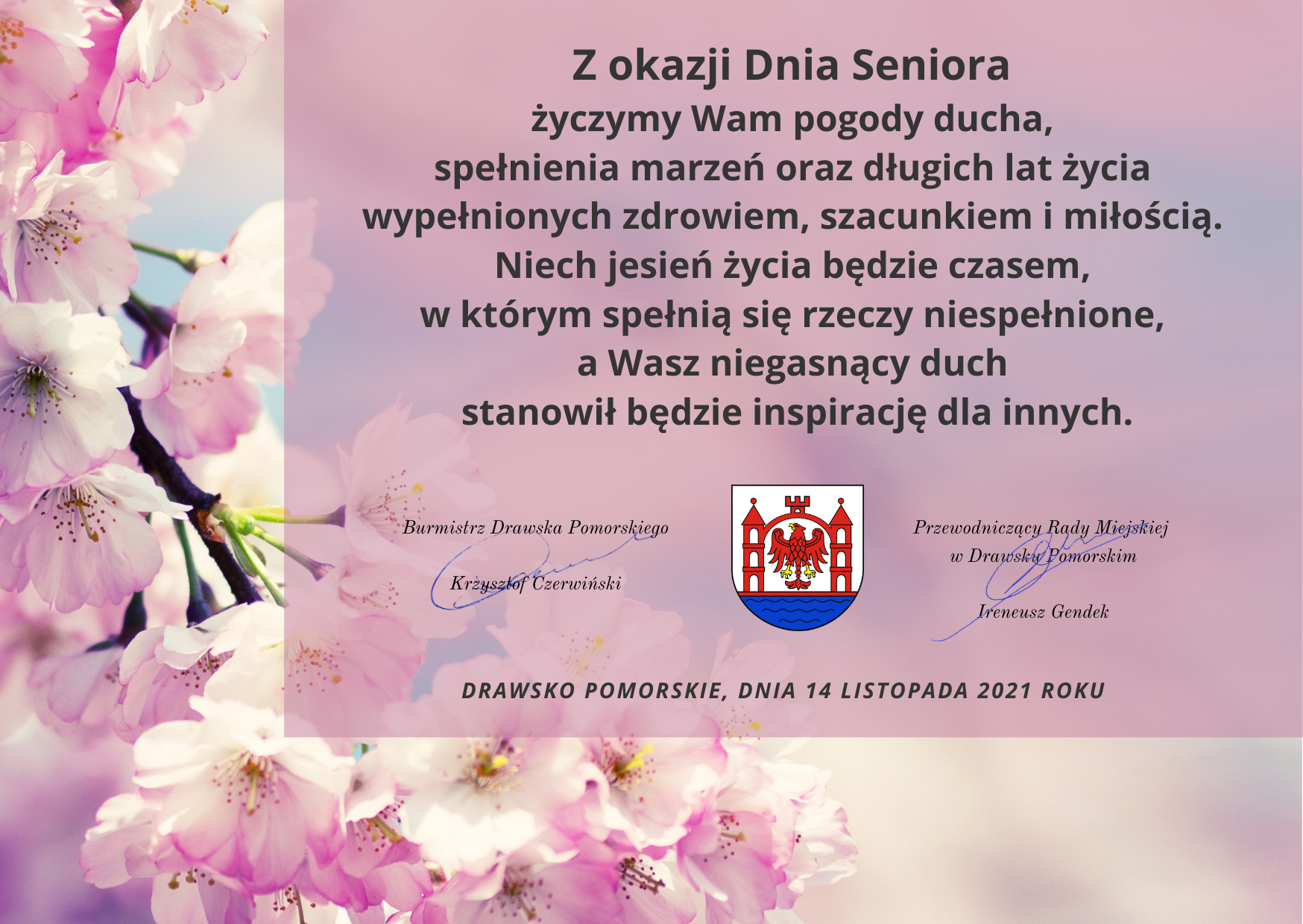 życzenia dzień seniora, logo urząd miejski,kwiaty