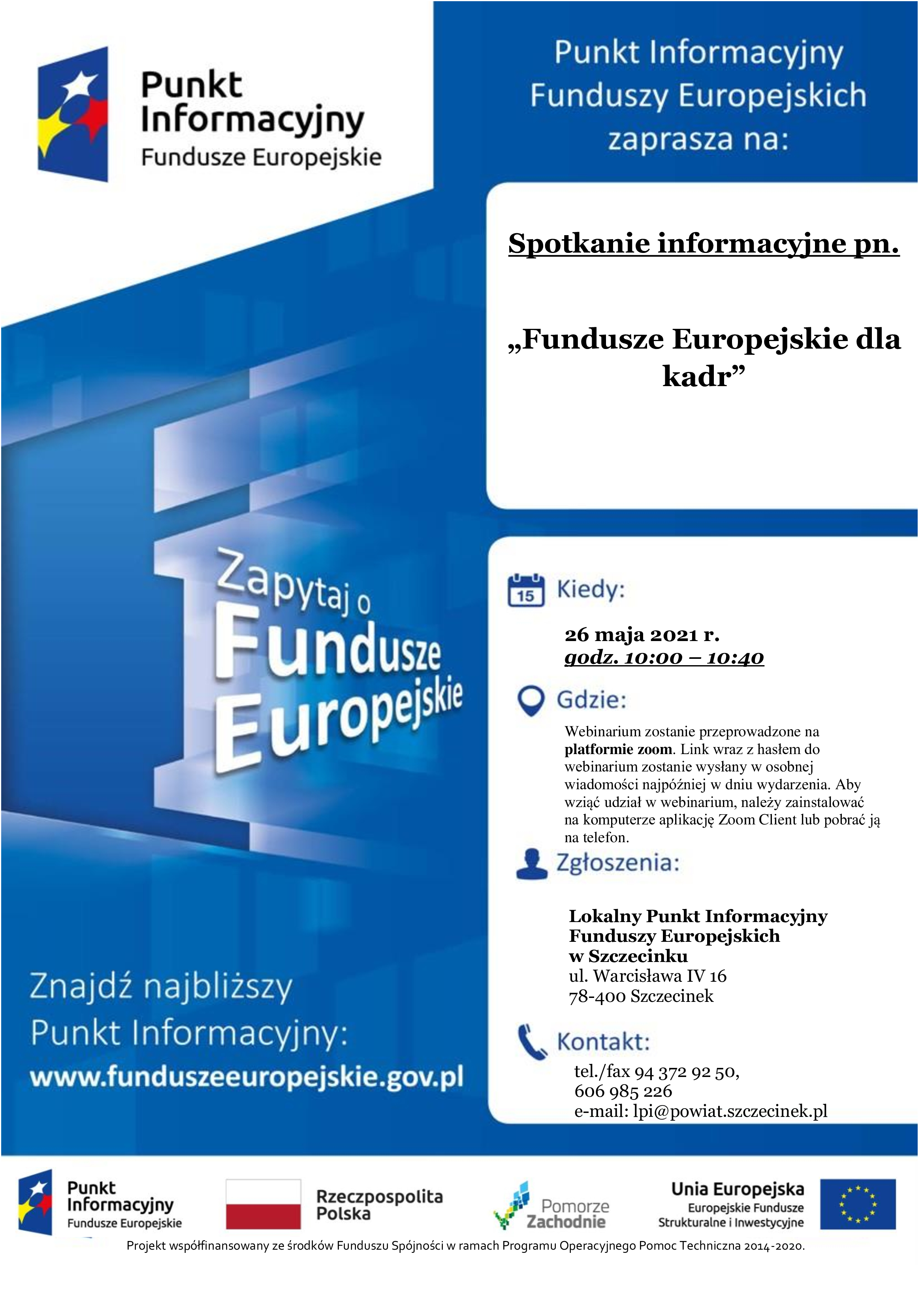 Plakat dotyczący szkolenia "Fundusze Europejskie dla kadr"