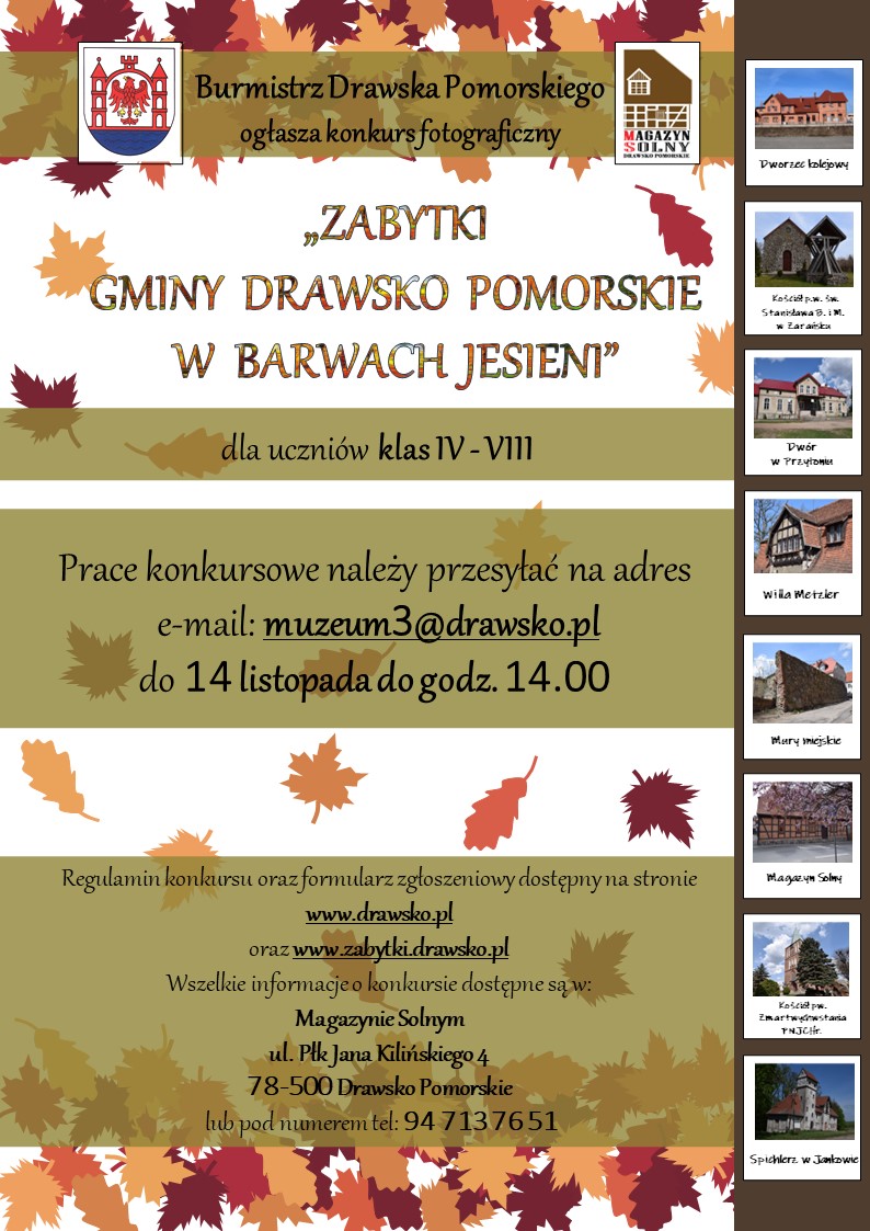 Plakat dotyczący konkursu fotograficznego „ZABYTKI GMINY DRAWSKO POMORSKIE W BARWACH JESIENI”