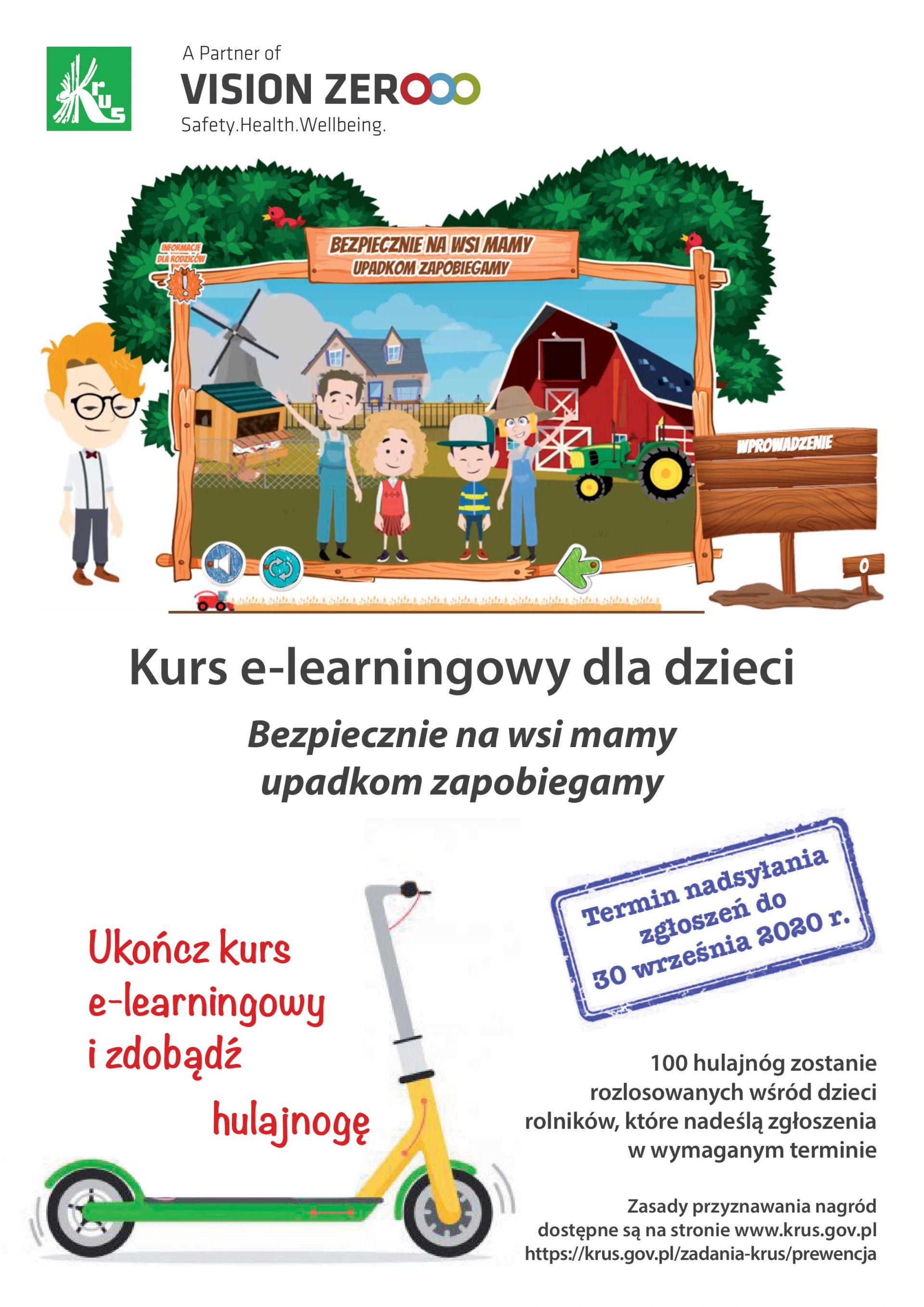 Plakat dotyczący kursu e-learningowego pt. ,,Bezpiecznie na wsi mamy - upadkom zapobiegamy”