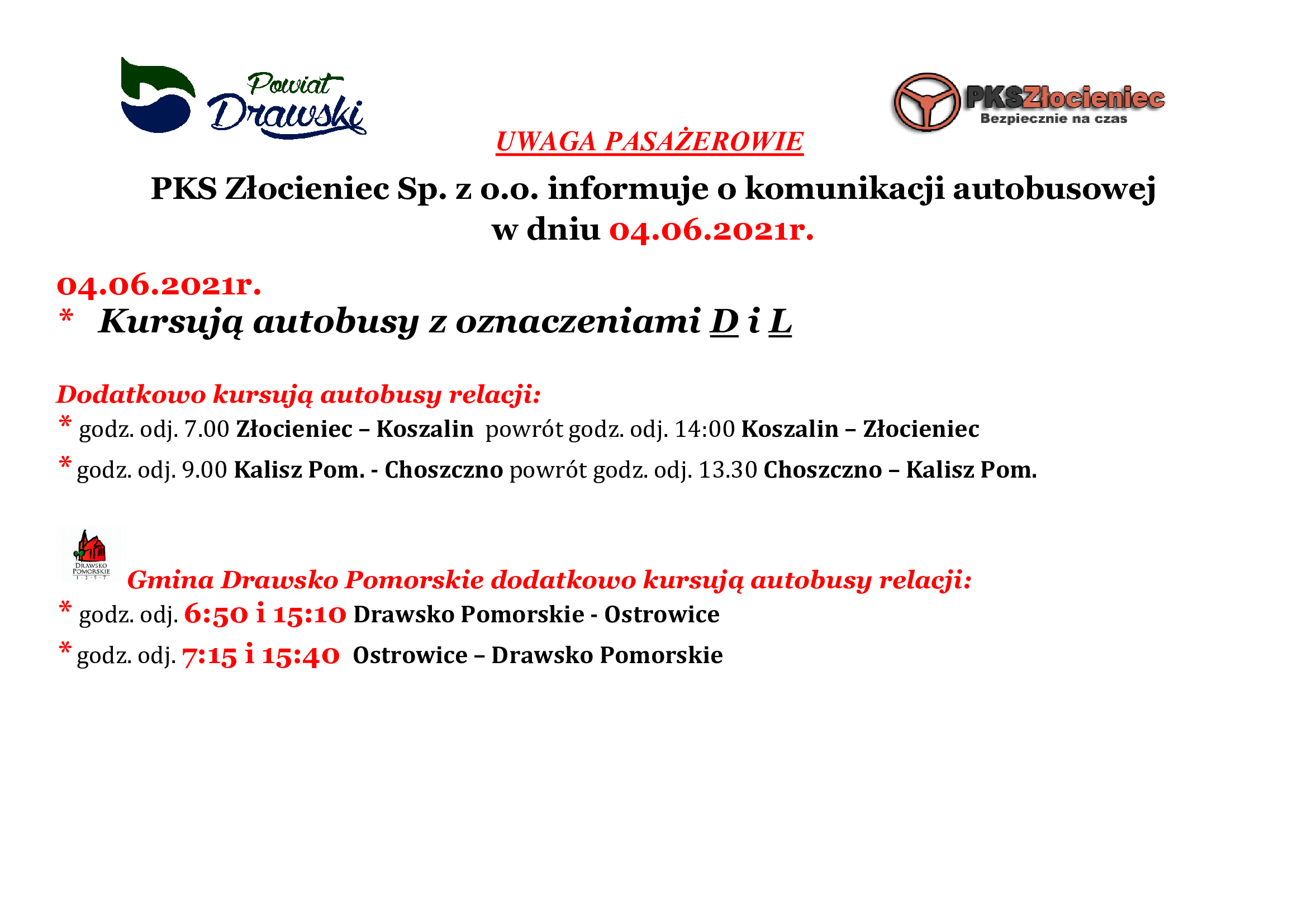 Rozkład jazdy PKS Złocieniec Sp. z&nbsp;o.o. w&nbsp;dniu 4.06.2021
