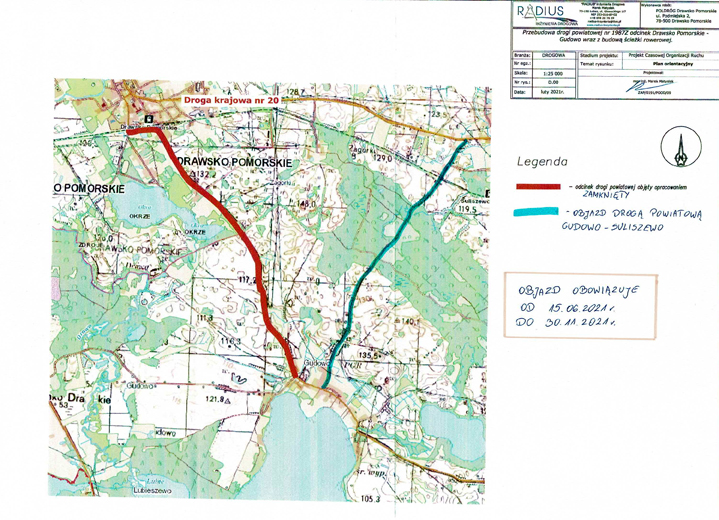 Mapka dotycząca objazdu odcinka drogi Drawsko Pomorskie - Gudowo