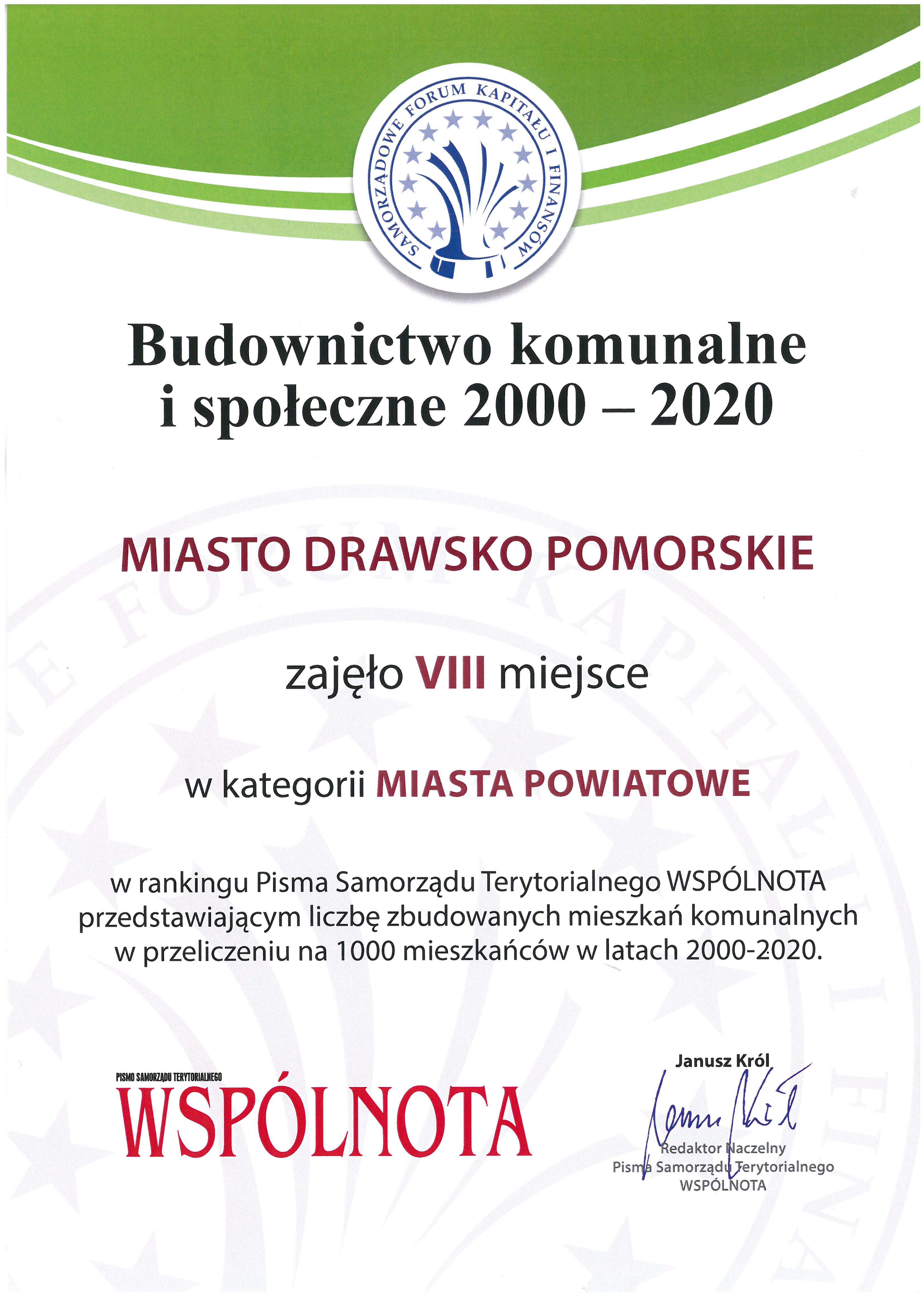Dyplom za zajęcie 8. miejsca w&nbsp; rankingu „Budownictwo komunalne i&nbsp;społeczne 2000–2020”.