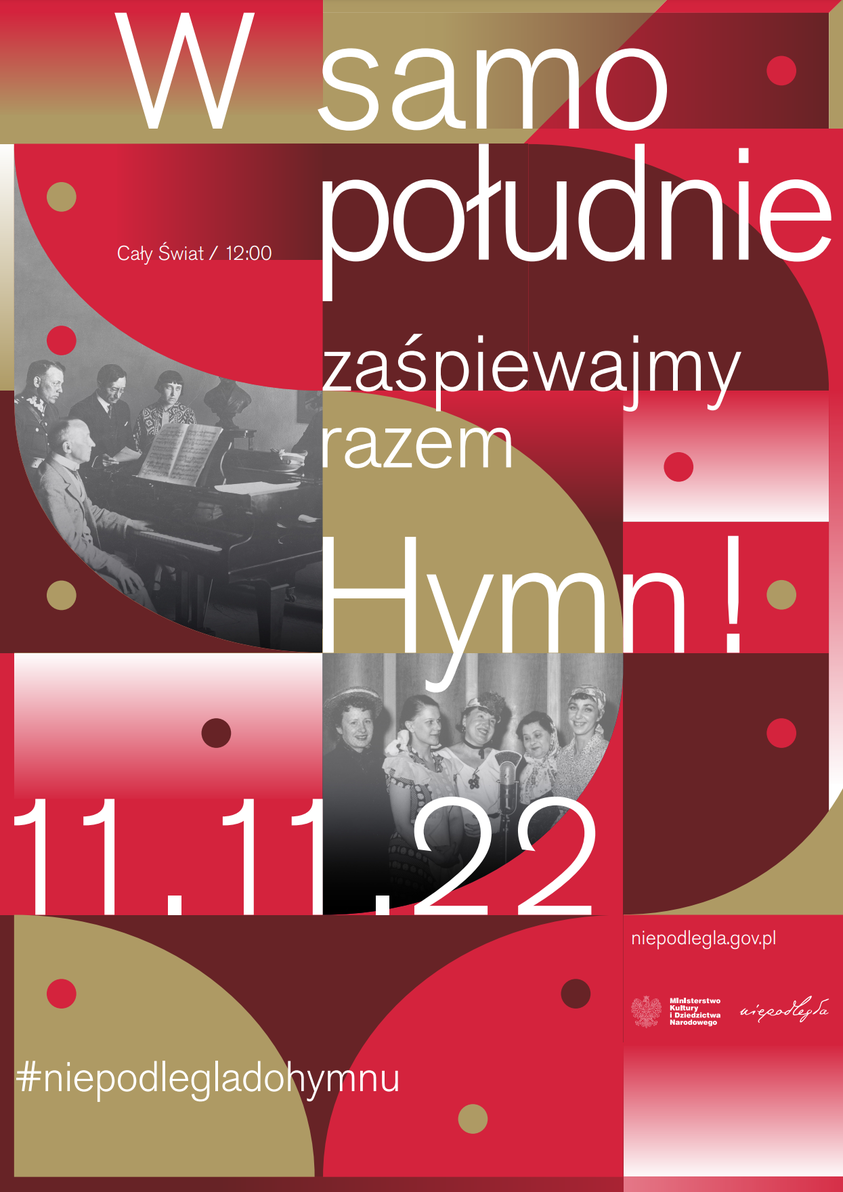 Plakat dotyczący wydarzenia Hymn Polski - zaśpiewajmy razem 11.11.2022