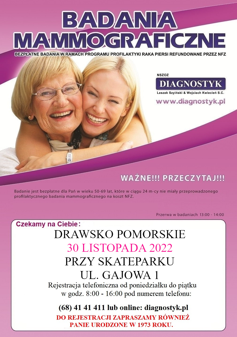 Plakat dotyczący bezpłatnej mammografii Plakat dotyczący bezpłatnej mammografii
