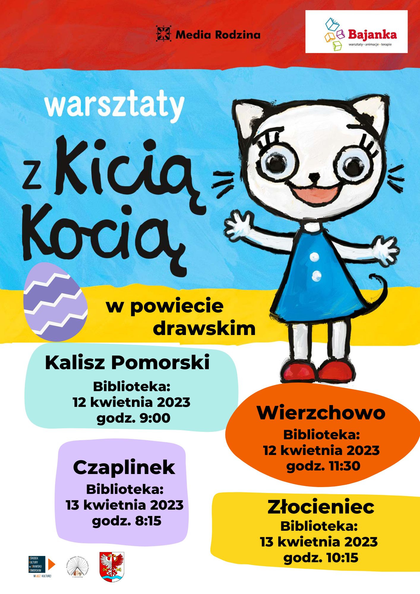 Plakat dotyczący warsztatów z&nbsp;Kicią Kocią w&nbsp;powiecie drawskim