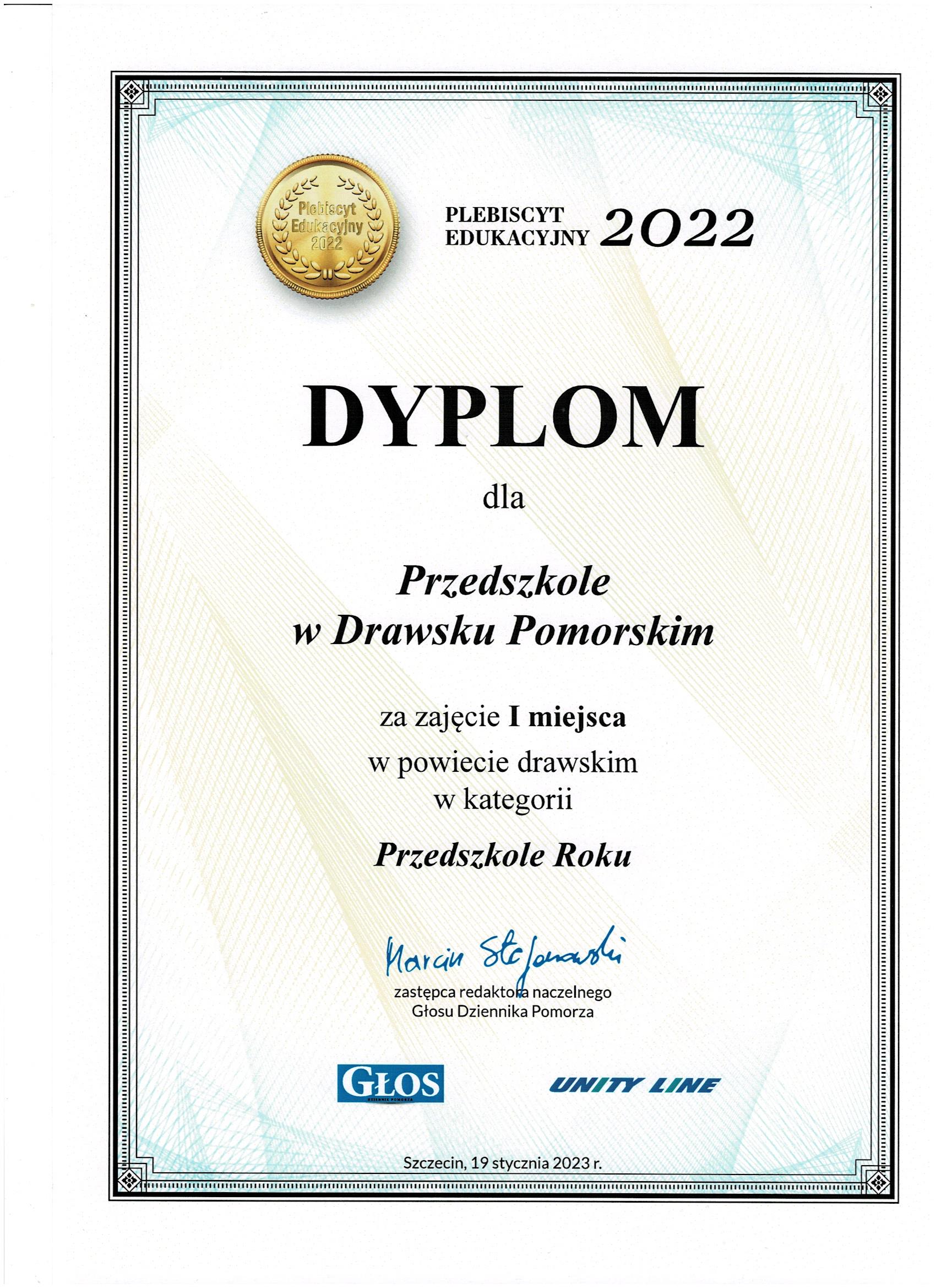 Dyplom dla drawskiego przedszkola w&nbsp;Ogólnopolskim Plebiscycie Edukacyjnym 2022