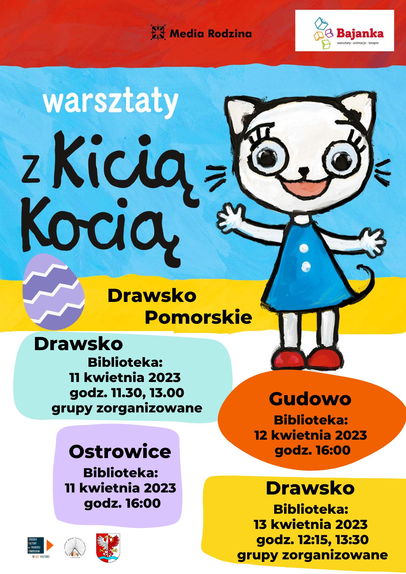 Plakat dotyczący warsztatów z&nbsp;Kicią Kocią w&nbsp;gminie Drawsko Pomorskie