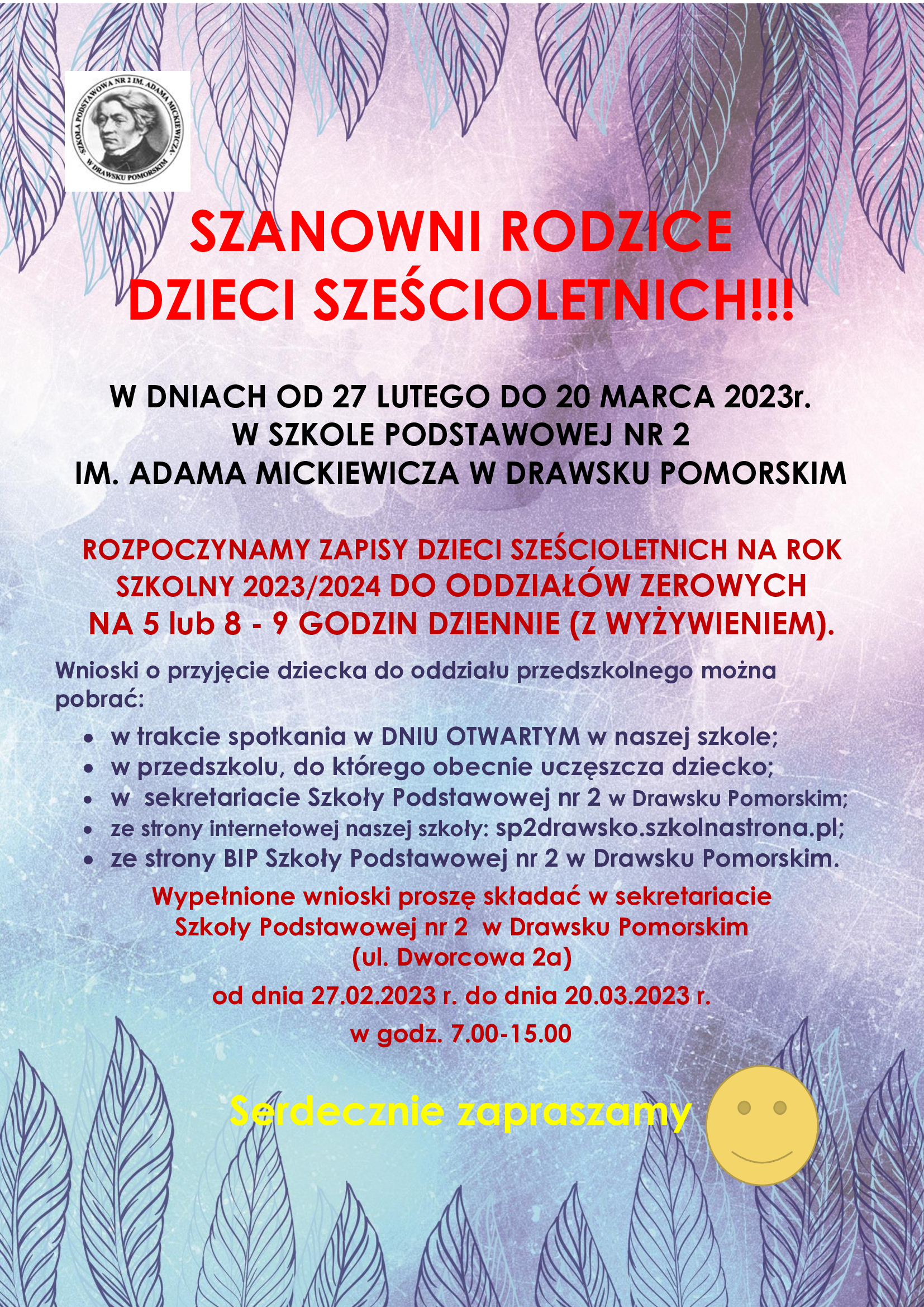 Plakat dotyczący rekrutacji w&nbsp;SP 2 w&nbsp;Drawsku Pomorskim