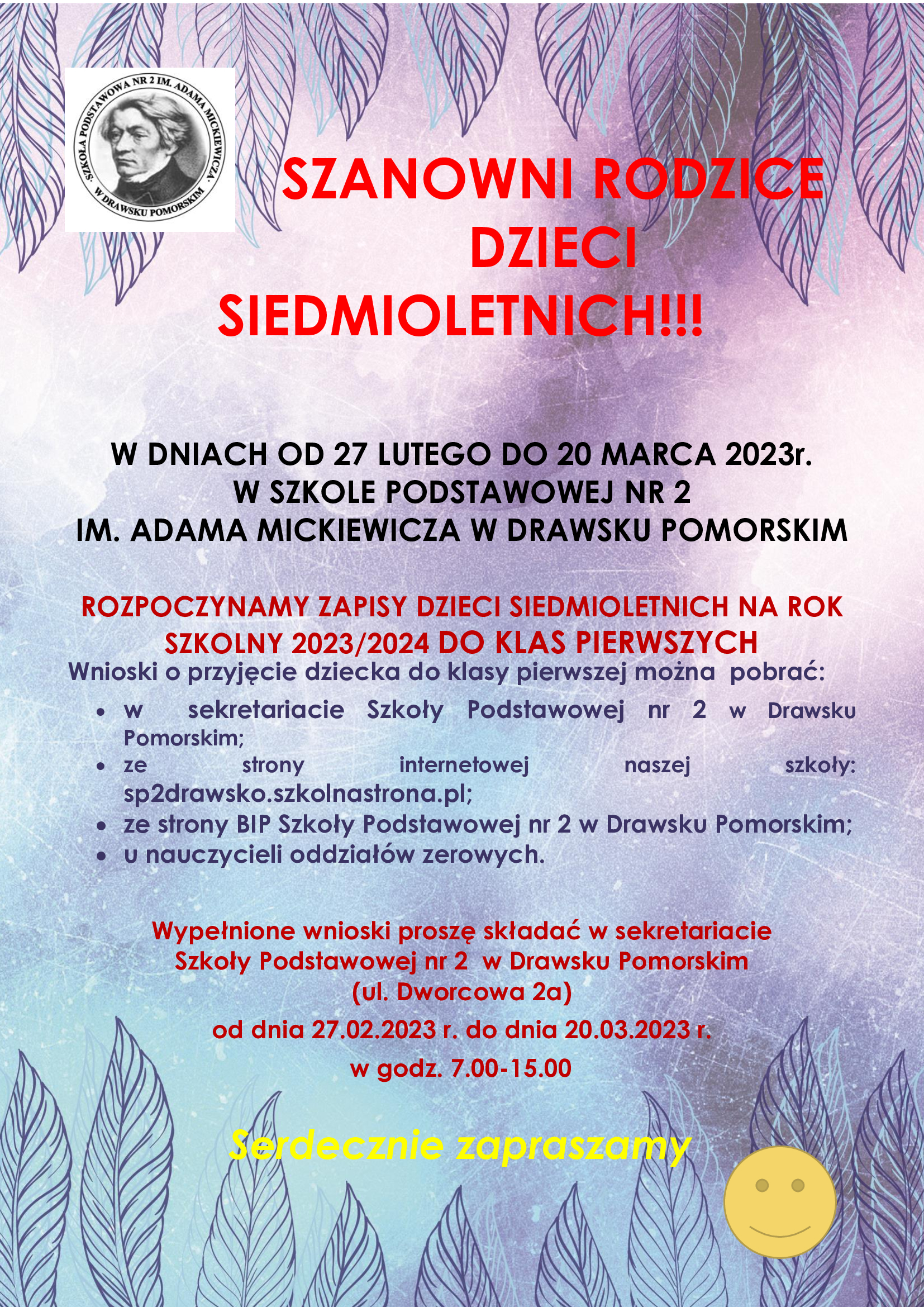 Plakat dotyczący rekrutacji w&nbsp;SP 2 w&nbsp;Drawsku Pomorskim