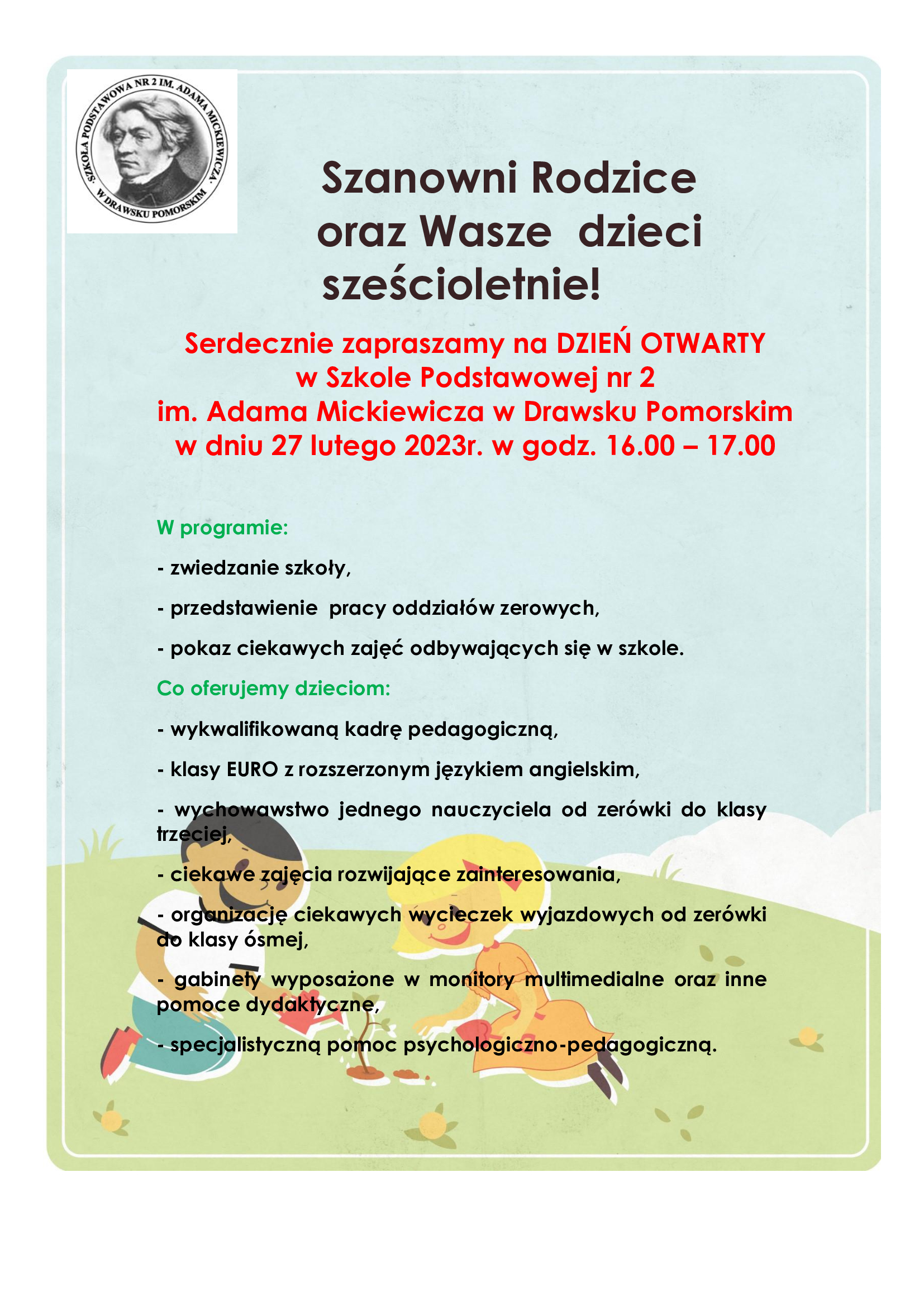 Plakat dotyczy dnia otwartego w&nbsp;SP 2 w&nbsp;Drawsku Pomorskim