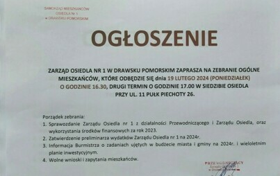 Zdjęcie do Ogłoszenie Zarządu osiedla nr 1 w Drawsku Pomorskim