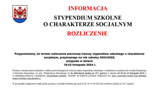 Zdjęcie do INFORMACJA STYPENDIUM SZKOLNE O CHARAKTERZE SOCJALNYM  ROZLICZENIE