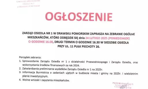 Zdjęcie do Przewodniczący Zarządu Osiedla nr 1 w Drawsku Pomorskim zaprasza na zebranie og&oacute;lne mieszkańc&oacute;w