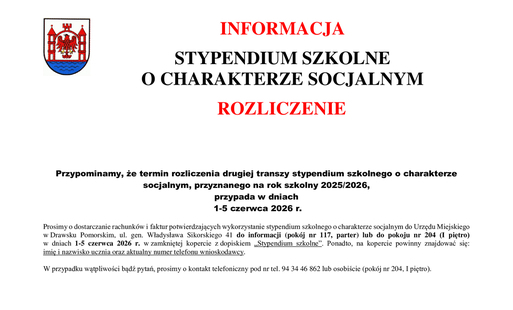 Zdjęcie do Informacja stypendium szkolne o charakterze socjalnym - rozliczenie 