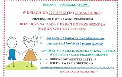 Zdjęcie do Przedszkole w Drawsku Pomorskim rozpoczyna zapisy dzieci na rok szkolny 2023/2024