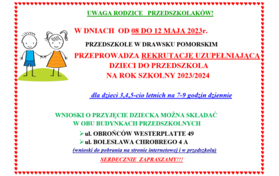 Zdjęcie do Przedszkole w Drawsku Pomorskim przeprowadza rekrutację uzupełniającą na rok szkolny 2023/2024