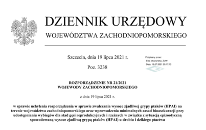 Zdjęcie do Rozporzędzenie Wojewody Zachodniopomorskiego w sprawie uchylenia rozporządzenia w sprawie zwalczania wysoce zjadliwej grypy ptak&oacute;w (HPAI